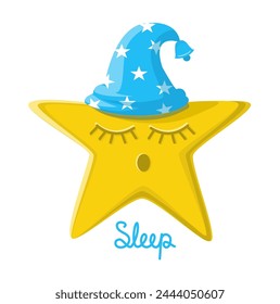 Childrens illustration of a sleeping star in a nightcap and lettering sleeping on a white background. 