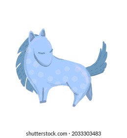Children's illustration of a sleepy pony with blue spots.
Illustration for textile prints.