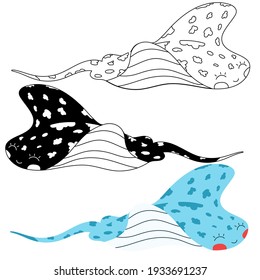 Children's illustration of a slopein black and white, color and linear version on a white background. For a children's magazine, postcards, educational toys, coloring pages, stickers. Sea animals