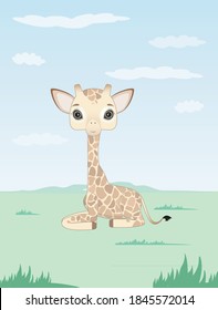 Children's illustration of a small giraffe. Giraffe resting on the grass. Vector illustration