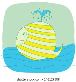 children's illustration. the small nice whale floats in the sea and starts up a fountain