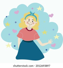 Children's illustration with a smiling girl in a T-shirt. A cheerful print with a girl on a blue background with stars and hearts. Picture with a blonde