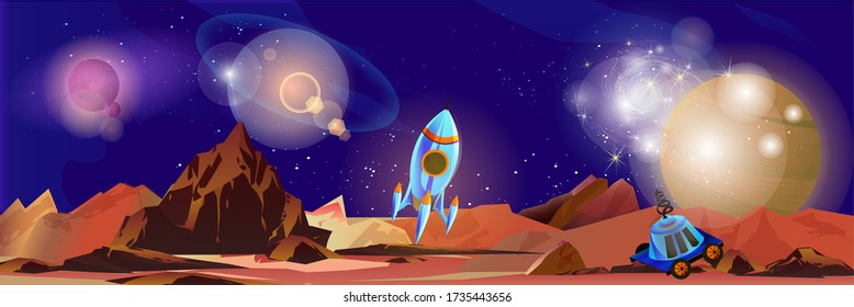 Children's illustration space, space landscape. Individual elements can be assembled in different combinations: flying rocket, moon rover, planets. Color mode RGB