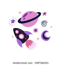 Childrens illustration of a spaceship with a crescent moon, Saturn and stars. Space adventure. Galaxy exploration. Vector hand drawn flat illustration
