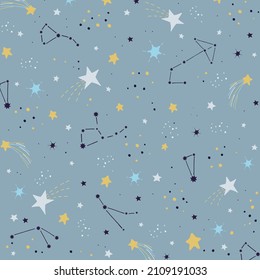 Children's illustration with stars, constellations on a blue background. Suitable for the design of textiles, bed linen, pillows, clothes. Vector illustration drawn by hand