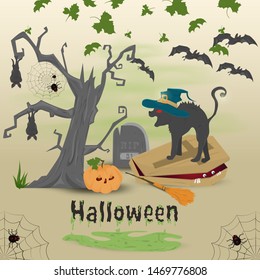 childrens illustration in the style of flat, on the eve of all saints day, Halloween, scary tree, a cat in a witch hat stands on a coffin vector EPS 10