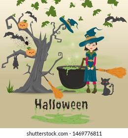 childrens illustration in the style of flat, on the eve of all saints day, Halloween, scary tree, a cauldron with a potion and there is a witch vector EPS 10