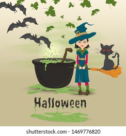 childrens illustration in the style of flat, on the eve of all saints day, Halloween, a little witch with a broom standing at the cauldron with a potion vector EPS 10