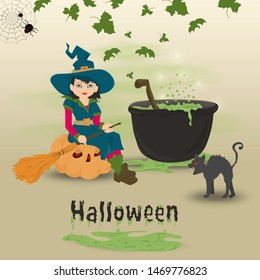 childrens illustration in the style of flat, on the eve of all saints day, Halloween, a little witch with a broom sitting on a pumpkin at the cauldron with a potion vector EPS 10