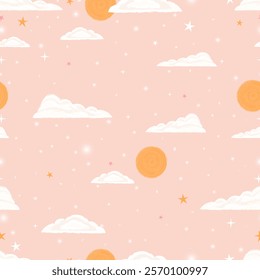 Children's illustration, Sun, clouds, stars, soft pink background, seamless pattern, illustration, vector