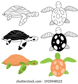 Children's illustration of a turtles in black and white, color and linear version on a white background. For a children's magazine, postcards, educational toys, coloring pages, stickers. Sea animals