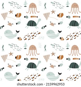 Children's illustration of the underwater world. Seamless pattern
