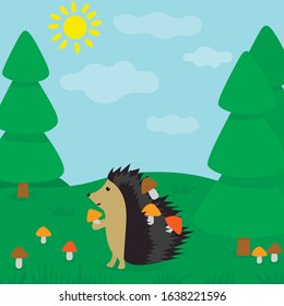 
Children's illustration vector hedgehog in the forest picks mushrooms card jigsaw puzzle landscape