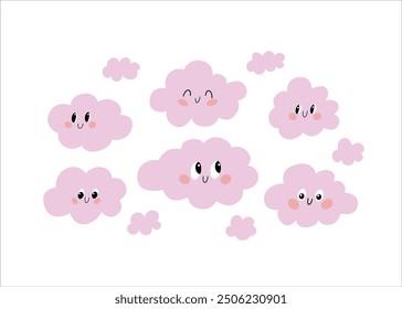 Childrens illustration. Vector set of cute pink clouds on white background eps. Cloud icon set.