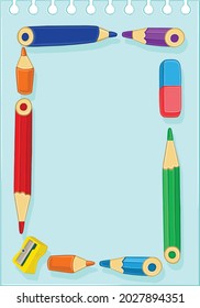 Children's illustration: vertical rectangular decorative frame made of colored pencils, sharpener and eraser
