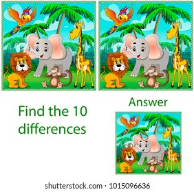 Children's illustration Visual puzzle: find ten differences with the beasts: an elephant, a monkey parrot and a giraffe in the jungle