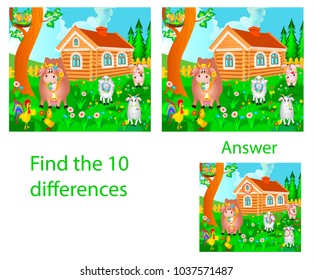Children's illustration Visual puzzle: find ten differences from domestic animals: a cow, a pig, a rooster and a goat on a farm