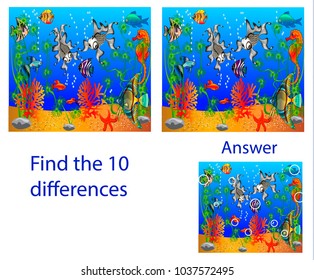 Children's illustration Visual Puzzle: find ten differences from the fish in the sea
