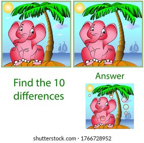 Children's illustration Visual puzzle: find ten differences in the picture with an elephant sitting on an island under a palm tree