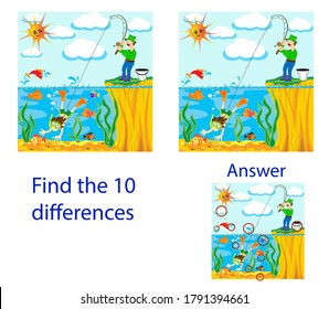 Children's illustration Visual Puzzle: find ten differences from the fisherman has caughted on fishing rod of the diver