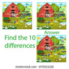 Children's illustration Visual puzzle: find ten differences from pets: cow, pig, cock, sheep on the farm