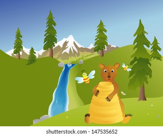 Children's Illustration young bear trying to get honey from a beehive