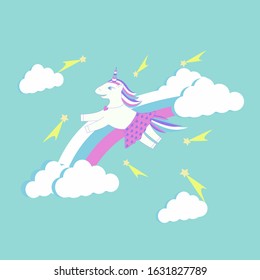 Children's illustration-a unicorn jumping over a rainbow. made in the flat style. The entire illustration is in soft colors. Suitable for children's products.