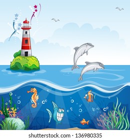 Children's illustrations of the lighthouse and the sea dolphins. Vector image for web design, print, magazine, poster.