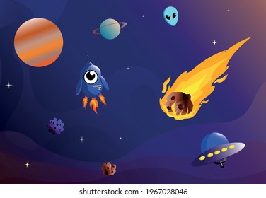 children's illustrations on a space theme, spaceships, aliens, comet, planet, robot, asteroid, space, galaxy