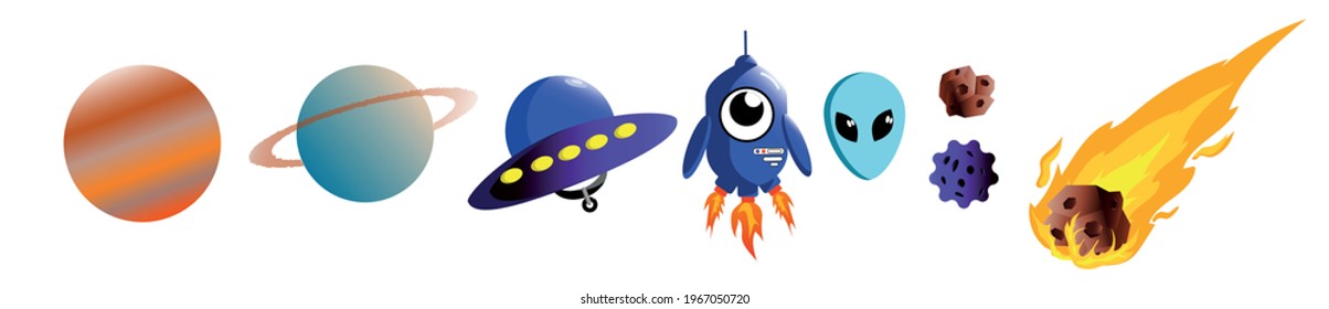 children's illustrations on a space theme, spaceships,asteroid, space, galaxy, rocket flying into space, alien ship aliens, comet, planet, robot