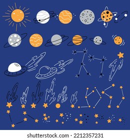 children's illustrations on the space theme, spaceships, aliens, comet, planet, asteroid, space, galaxy, rocket flying into space, alien ship, set of space elements