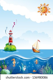 Children's illustrations of sea with lighthouse, sailing and fun fish. Vector image for web design, print, magazine, poster.