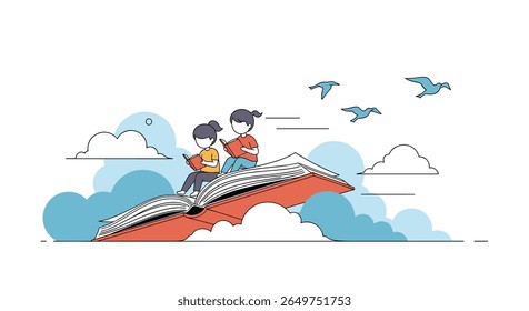 Childrens imaginative journey flying on an open book through the clouds with birds