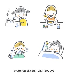 Children's infectious disease prevention set: Colorful and cute line drawing illustrations