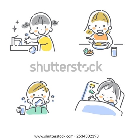 Children's infectious disease prevention set: Colorful and cute line drawing illustrations