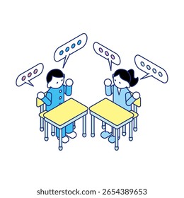 Children's interactive learning｜Isometric illustrations of classrooms for collaborative learning
