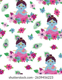 children's interesting seamless pattern flowers peacock small feathers krishna on white background janmashtami celebration festival wallpaper for textile