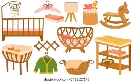 Artículos de interior para niños. Muebles para la guardería del recién nacido. Cuna, portabebés, cama, cambiador, juguetes para niños y ropa. Dibujado a mano Vector ilustraciones aisladas