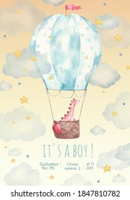 children's invitation card for a children's party, it's a boy,   illustration, cute, dinosaur in a balloon in the stars and clouds, painting