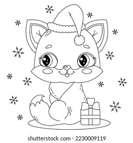 Children's isolated coloring cute Christmas kitty sitting in a Santa hat next to a gift, snowflakes around.