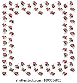 Children's isolated square frame for text from the faces of cute happy black tigers in Santa Claus caps in Scandinavian style, snowflakes, calligraphic quotes Happy New Year. White background. Vector.