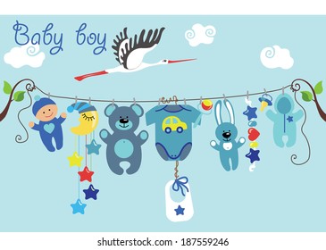 Children's items for newborn baby girl hanging on the rope on the branches of a tree. Against the sky flying stork and clouds cartoon illustration,template