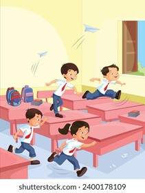 Children's jumping on the desks and flying planes