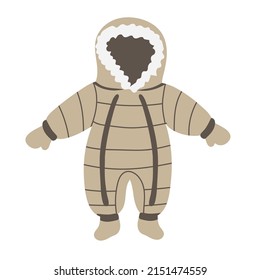 Childrens jumpsuit with the hood. Baby outerwear. Winter clothes for cold weather comfortable and cozy for outside. Vector illustration