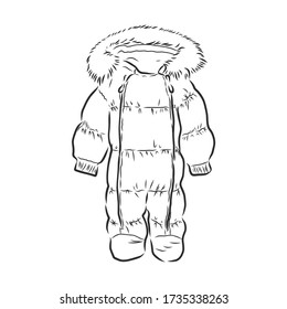 Children's jumpsuit with the hood. Sketch. children's winter jumpsuit vector sketch illustration