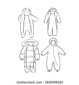 Children's jumpsuit with the hood. Sketch. children's winter jumpsuit vector sketch illustration