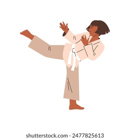 Lección de karate para niños. Ilustración vectorial de una joven en un kimono y un cinturón blanco. Tema de las artes marciales de los niños sobre fondo aislado en estilo plano.