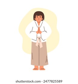 Children's karate training. Vector illustration depicting a boy in a kimono and a white belt, ready to practice karate. Karate for youth in flat style on a yellow background.