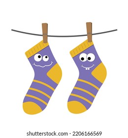 Children's kawaii socks on a clothesline on clothespins, color vector illustration