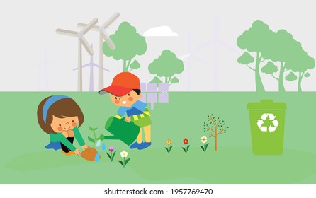 The childrens keeping clean environment